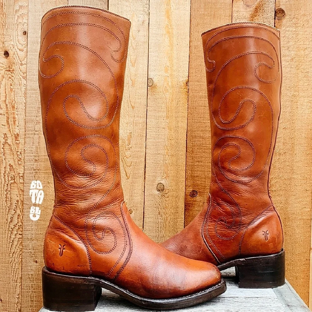 Sold Frye Campus Vintage Y2K Boots Retro Swirl Tall Knee High Chunky Brown Zip - Picture 3 of 11
